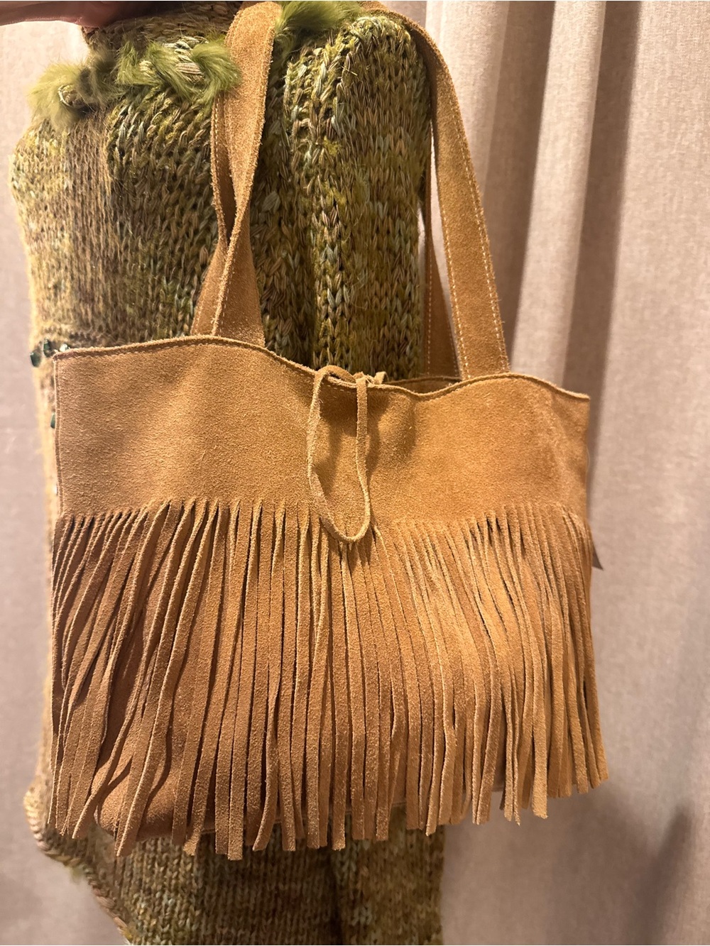 Vintage The Limited Suede Fringe Shoulder Bag Tan Camel Boho Western Tote